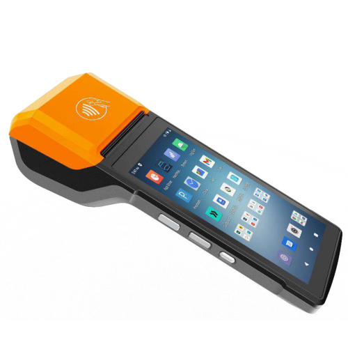 Side profile of Rongta AP12S Smart POS Terminal displaying ergonomic design, volume and scan buttons, and 58mm printer mechanism.