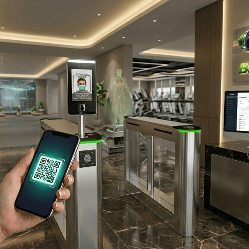 Bio Gym Real-Time Monitoring Interface displayed alongside a physical ZKTeco turnstile screen, showing instant member synchronization, subscription expiry status, and login logs.