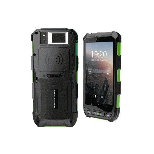 ZKTeco Horus H1 rugged biometric time-attendance terminal showing front and rear views with NFC and camera features.