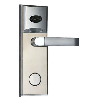 ZKTeco H1000 RFID hotel door lock in Dubai UAE with 13.56MHz Mifare-1 card, American standard mortise, and stainless steel housing in gold and silver finishes.