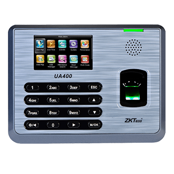 ZKTeco UA400 fingerprint time & attendance terminal in Dubai UAE, fast matching under 1s, flexible menu, optional printer, centralized reporting across multiple locations.