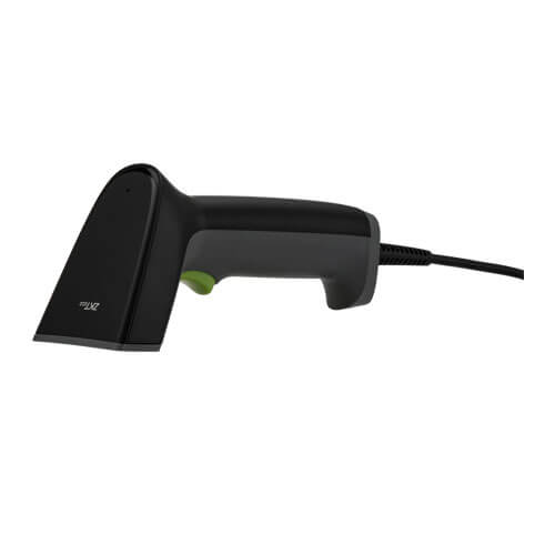 Side profile of ZKTeco ZKB201S wired USB barcode scanner showing plug-and-play cable connection and sleek industrial design.